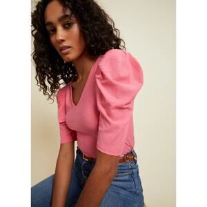 Nation Jillian Bold-Shoulder V-Neck Shirt Pink Size XS Puff Shoulder Chic Casual